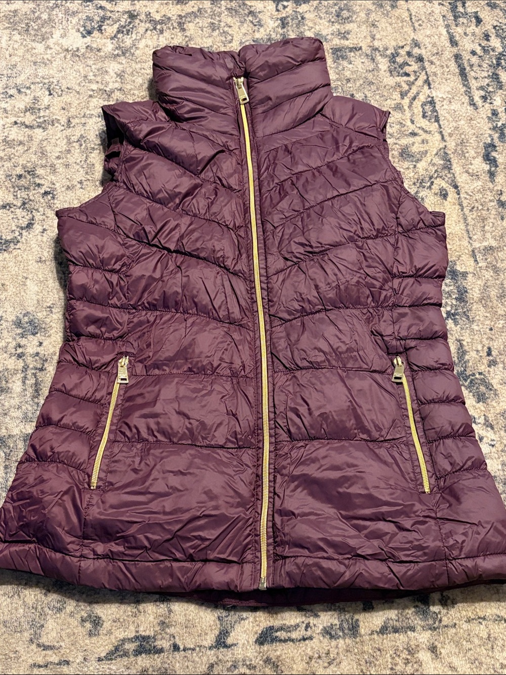 London Fog Quilted Sleeveless Vest in Deep Plum with Gold Zippers